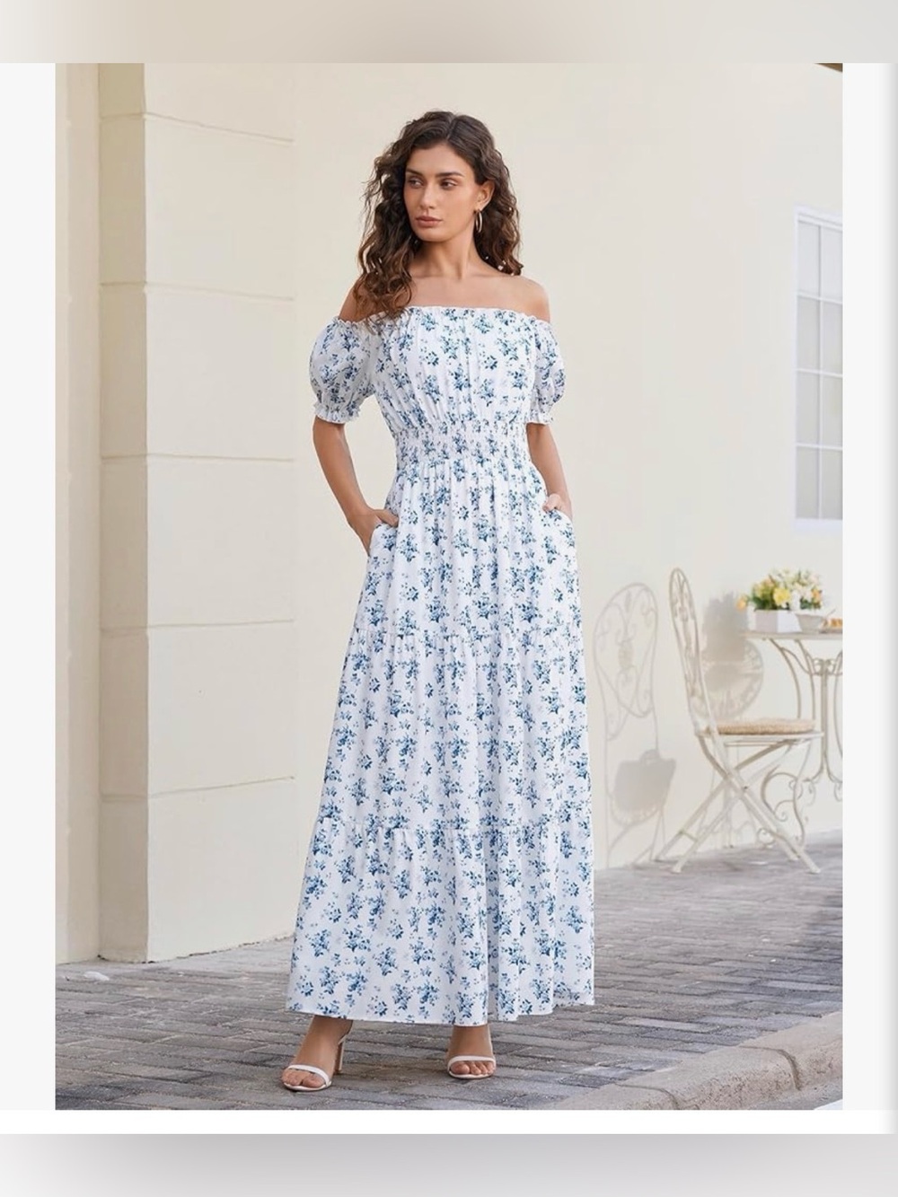 Off-Shoulder Blue Floral Maxi Dress NWT LARGE - Picture 2 of 5